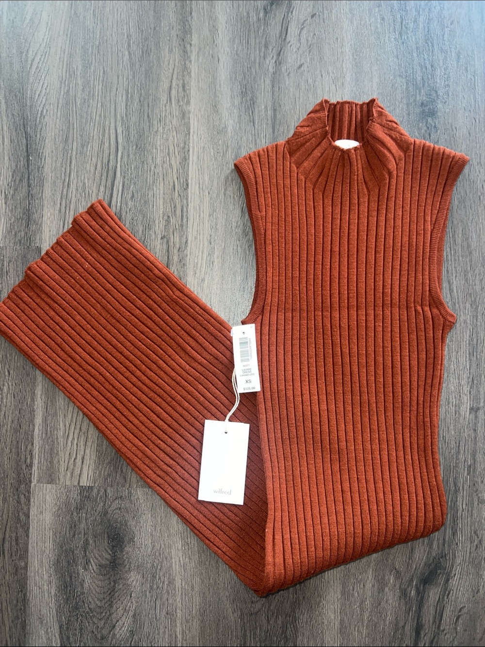 NWT Wilfred Lierre Sleeveless Ribbed Knit Dress in Caramelized
